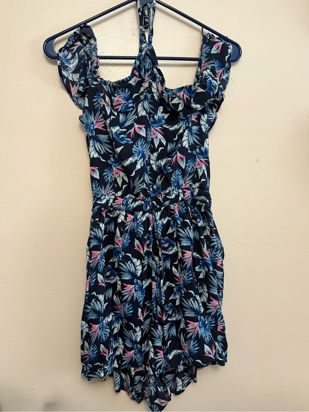 Hollister Navy Floral One-Piece Romper with Blue & Pink Leaf Print